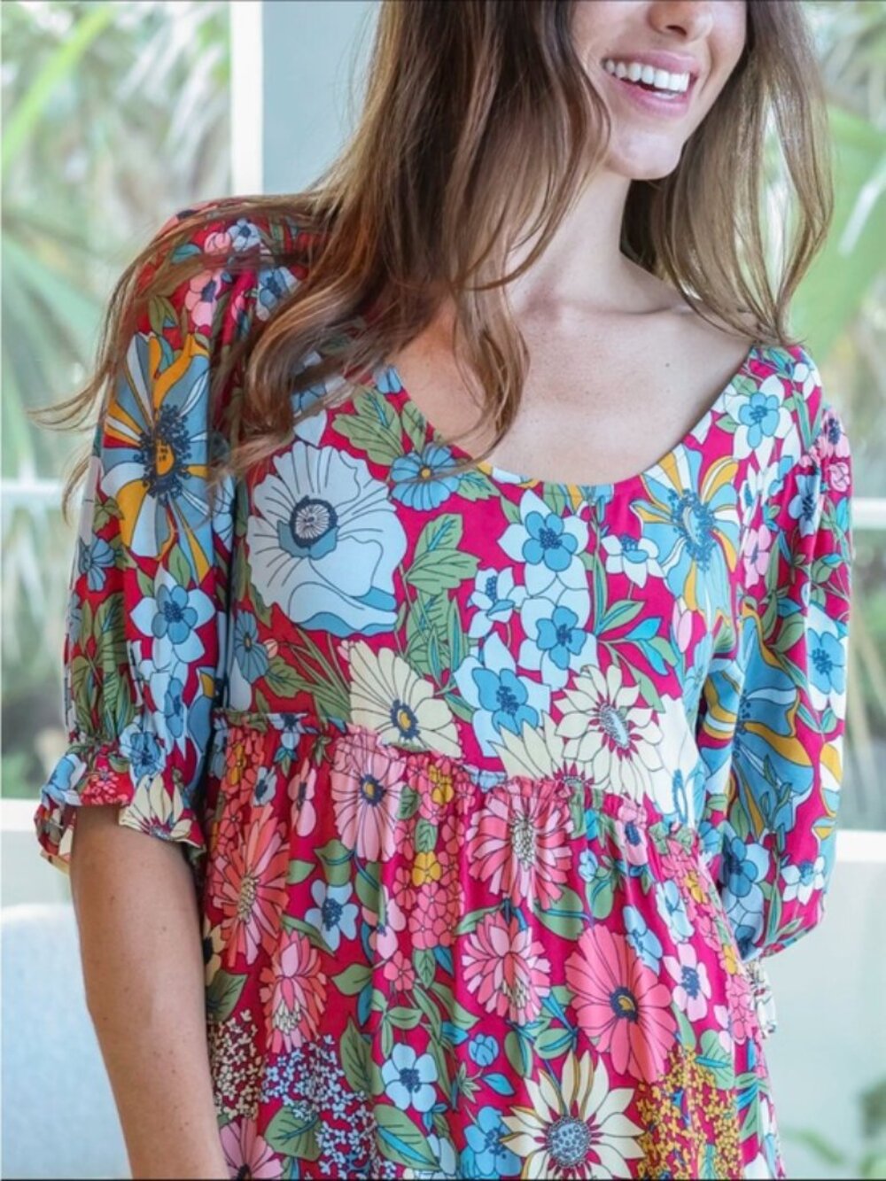 Natural Life Collette Tiered Maxi Dress Blue Red Floral Boho Size Large - Picture 3 of 8